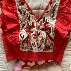 Embroidered Coral Otomi Top